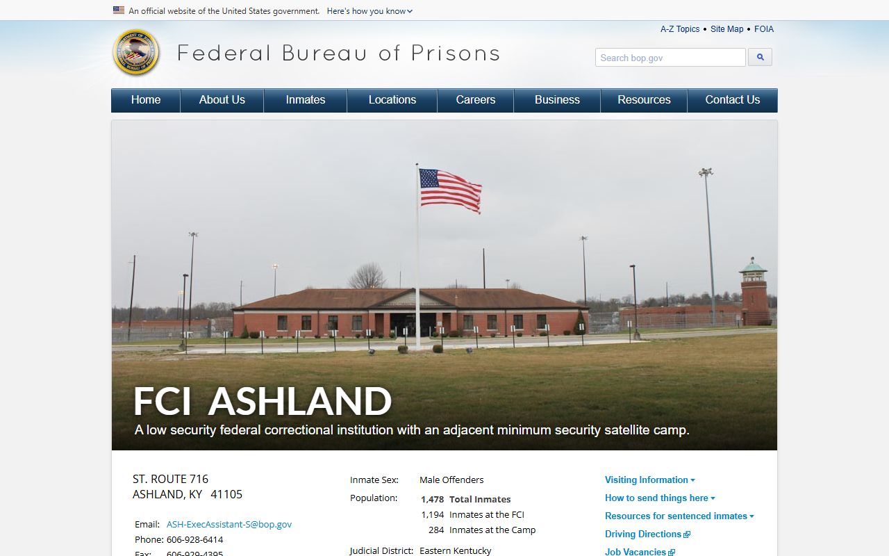 FCI Ashland federal inmate facility page in Boyd County