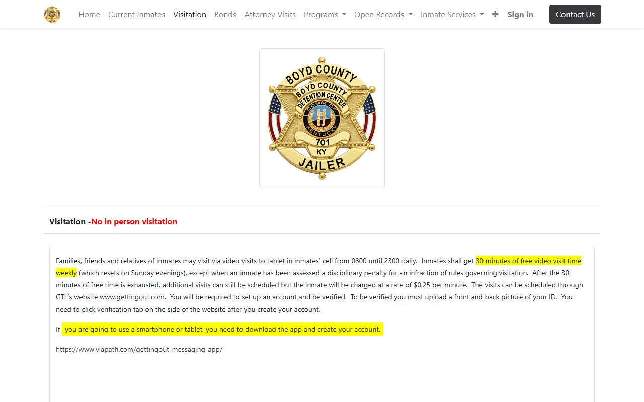Boyd County Detention Center visitation rules for inmates