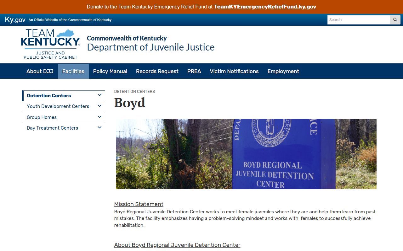 Boyd Regional Juvenile Detention Center custody and DJJ facility page